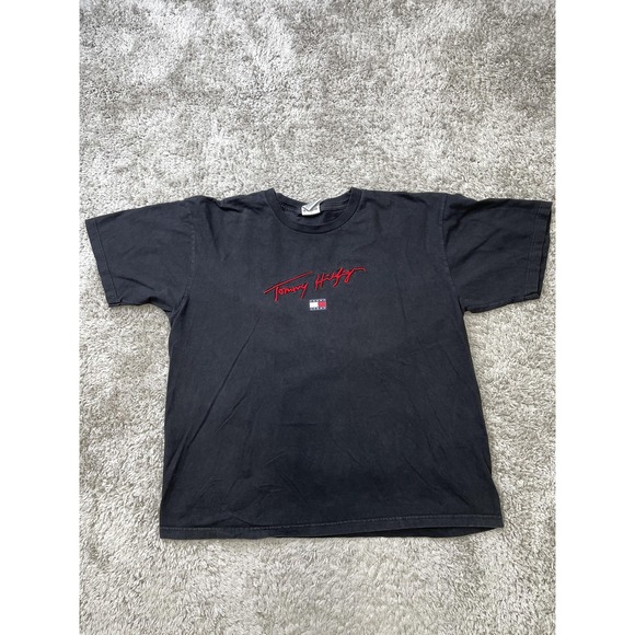 VINTAGE Tommy Hilfiger Shirt Mens Large Black Tommy Jeans Script Embroidered 90s - Picture 1 of 10